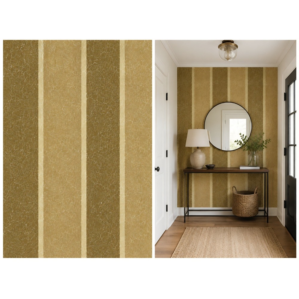 York Gold Silver Foil Crackle Striped Beige VTG Dbl Roll Wallpaper West Wind Des